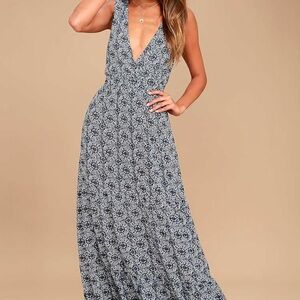 Lulu's Navy and White Floral Surplice Maxi Dress
